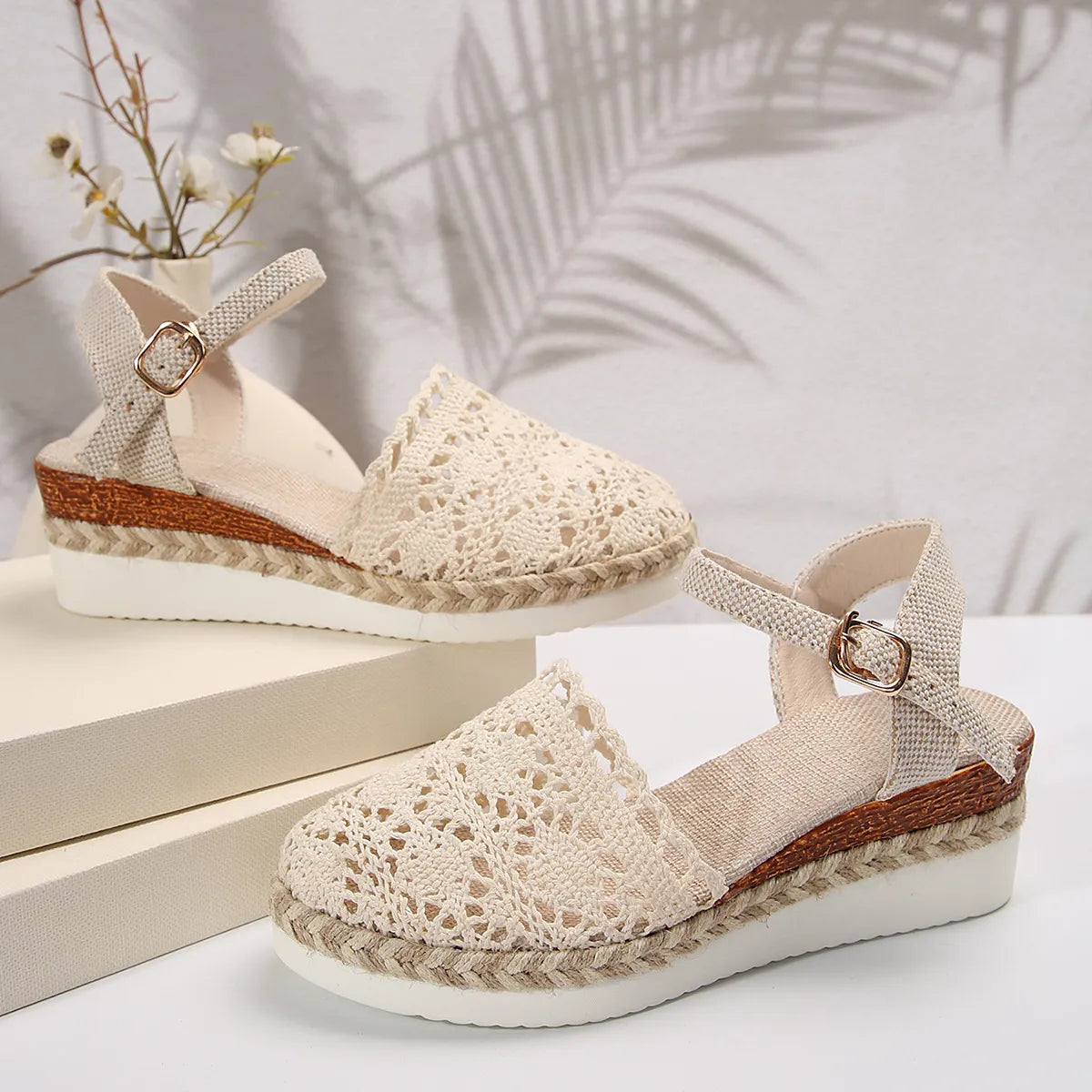 Women's Sandals with Buckle ⎜ Woven Design with Airy Cut - Outs for Summer and Leisure