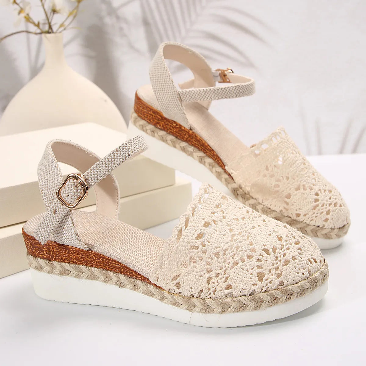 Women's Sandals with Buckle ⎜ Woven Design with Airy Cut - Outs for Summer and Leisure
