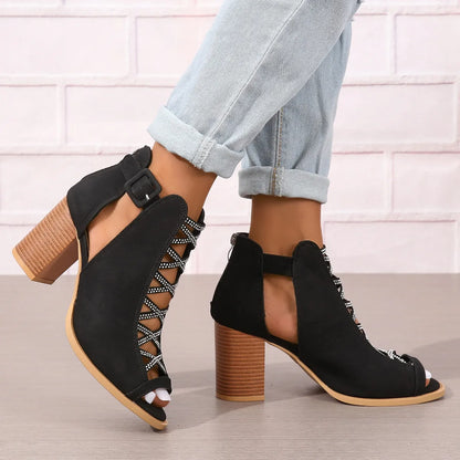 Women's High Heel Sandals ⎜ Elegant Summer Shoes with Block Heel and Fashionable Lacing for Everyday Wear & Events
