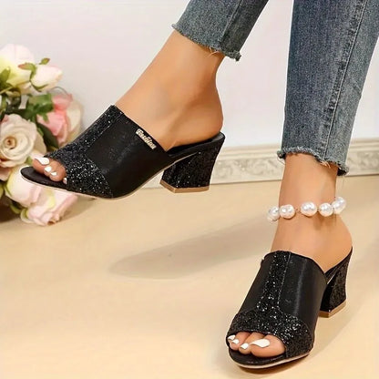 Women's Mules with Block Heel ⎜ Fashionable Sandals with Glitter Details and Open Toe Area