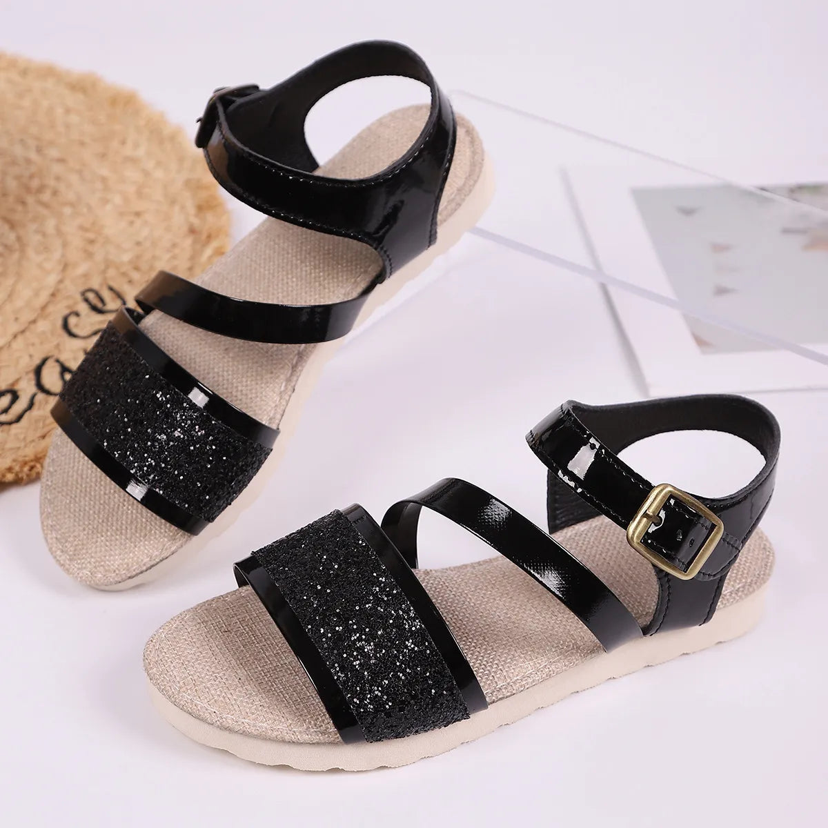 Women's Platform Sandals ⎜ Fashionable Shoes with Glitter Details and Adjustable Buckle Strap