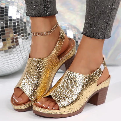 Block Heel Sandals for Women ⎜ Chic Peep - Toe Shoes with a Shiny Finish and Comfortable Wear