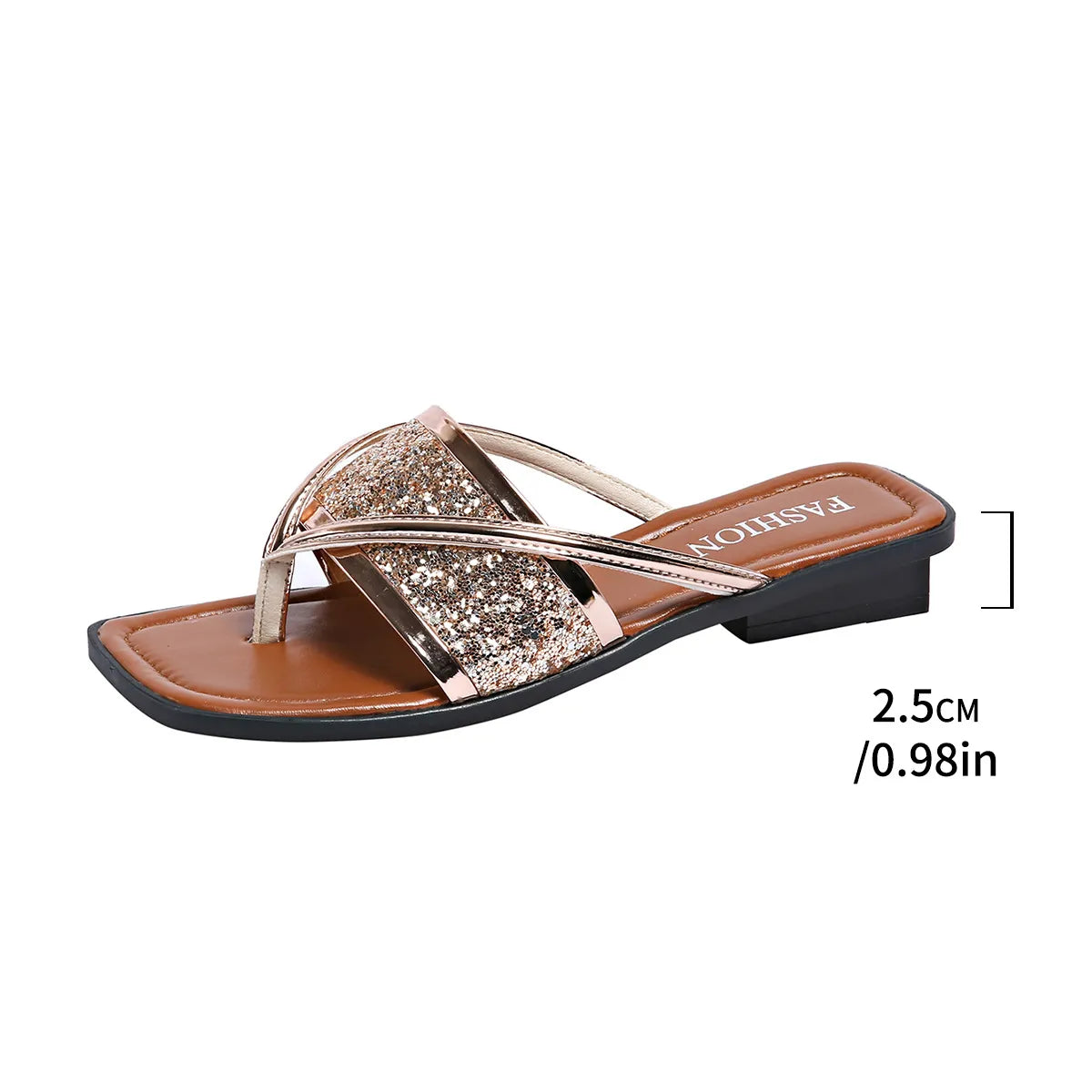 Women's Sandals with Glitter Details ⎜ Fashionable Flip - Flops with Cross Straps and Comfortable Block Heel