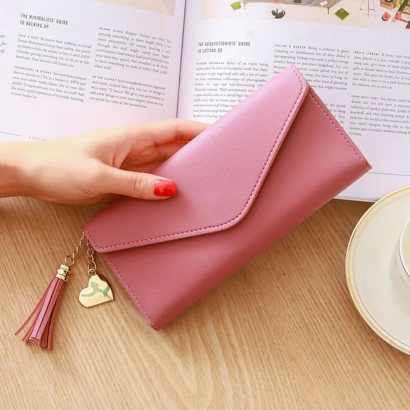 Women's Wallet in Tri - Fold Design ⎜ Long Format with Practical Clasp and Heart Pendant