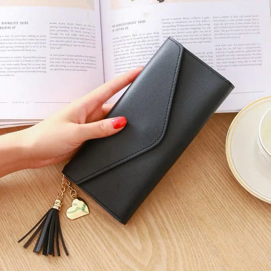 Women's Wallet in Tri - Fold Design ⎜ Long Format with Practical Clasp and Heart Pendant