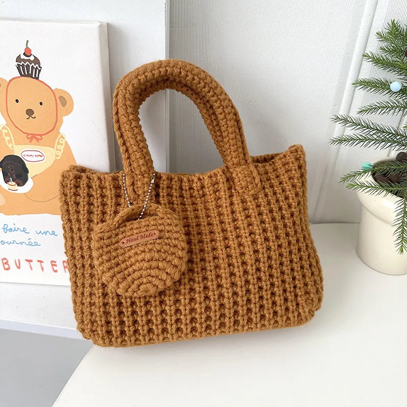 Handmade Knitted Bag for Women ⎜ Cute Woollen Bag with Practical Handles and Additional Pouch