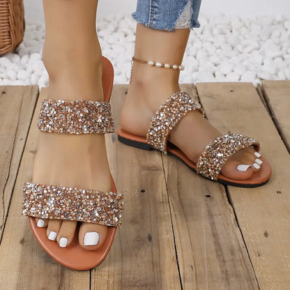 Women's Flat Slip - on Shoes ⎜ Comfortable Summer Shoes with Double Straps and Glitter Decor for Everyday Wear & Leisure