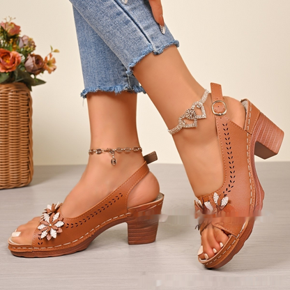 Women's Summer Shoes with Heels ⎜ Comfortable Sandals with Floral Embellishment and Adjustable Heel Strap
