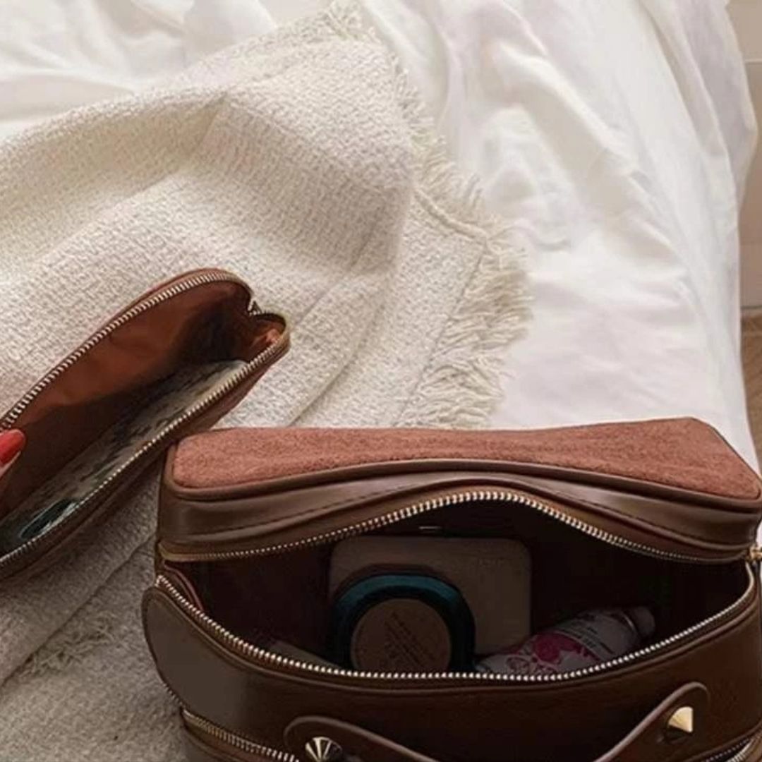 Cosmetics Bag for Women ⎜ Large Capacity with Suede Look and Practical Carrying Handle