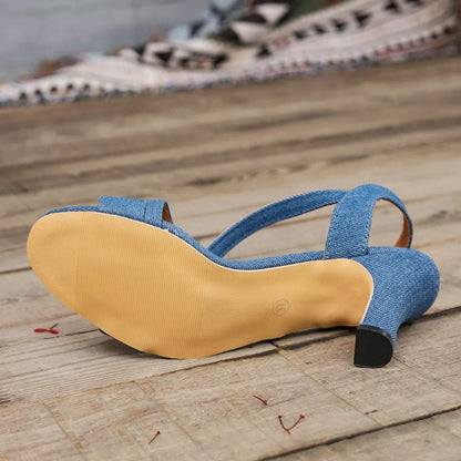Women's Sandals with Heel ⎜ Fashionable Denim - Look Shoes with Adjustable Ankle Strap