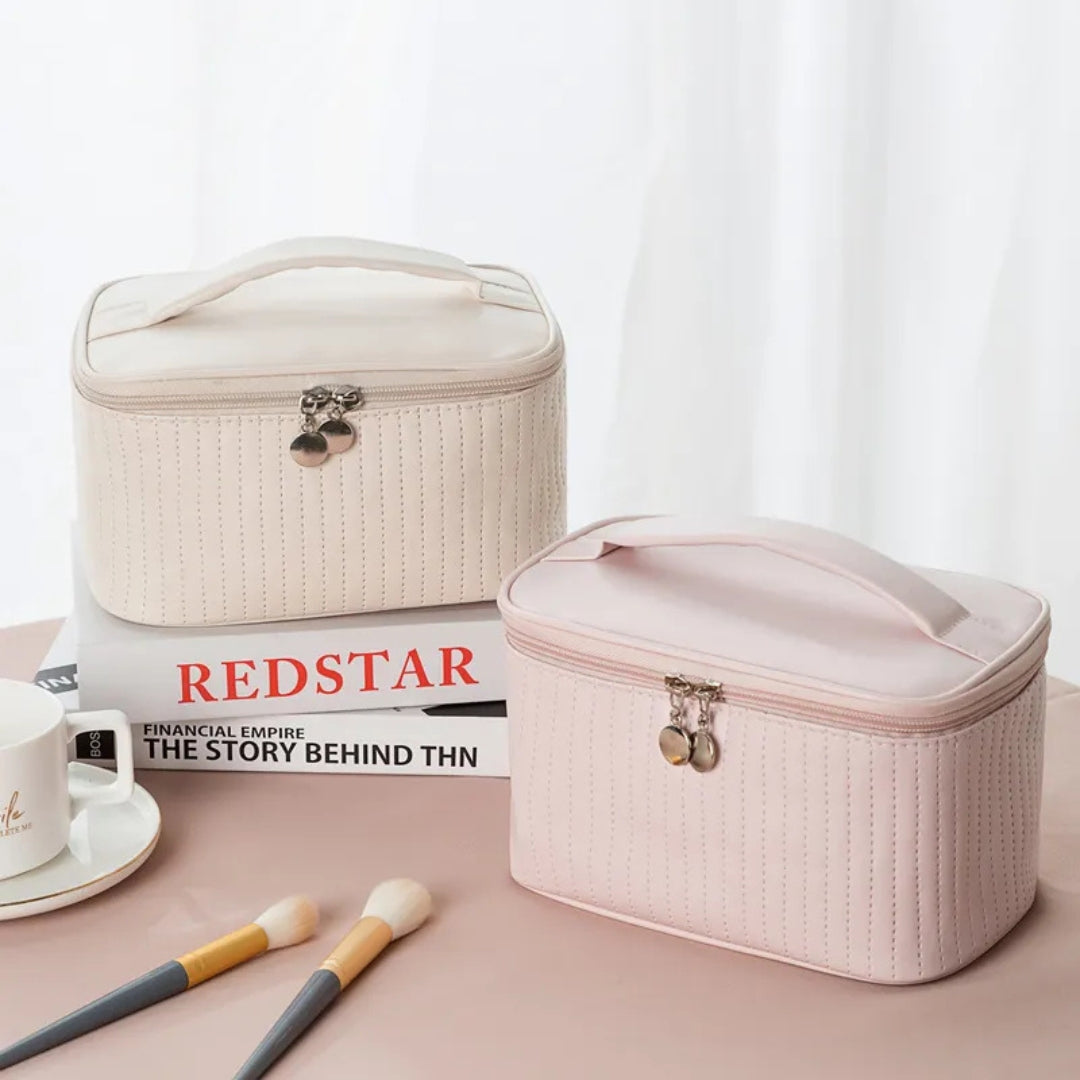 Cosmetics Bag for Women ⎜ Portable Travel Bag with Carrying Handle and Textured Surface for Make - Up