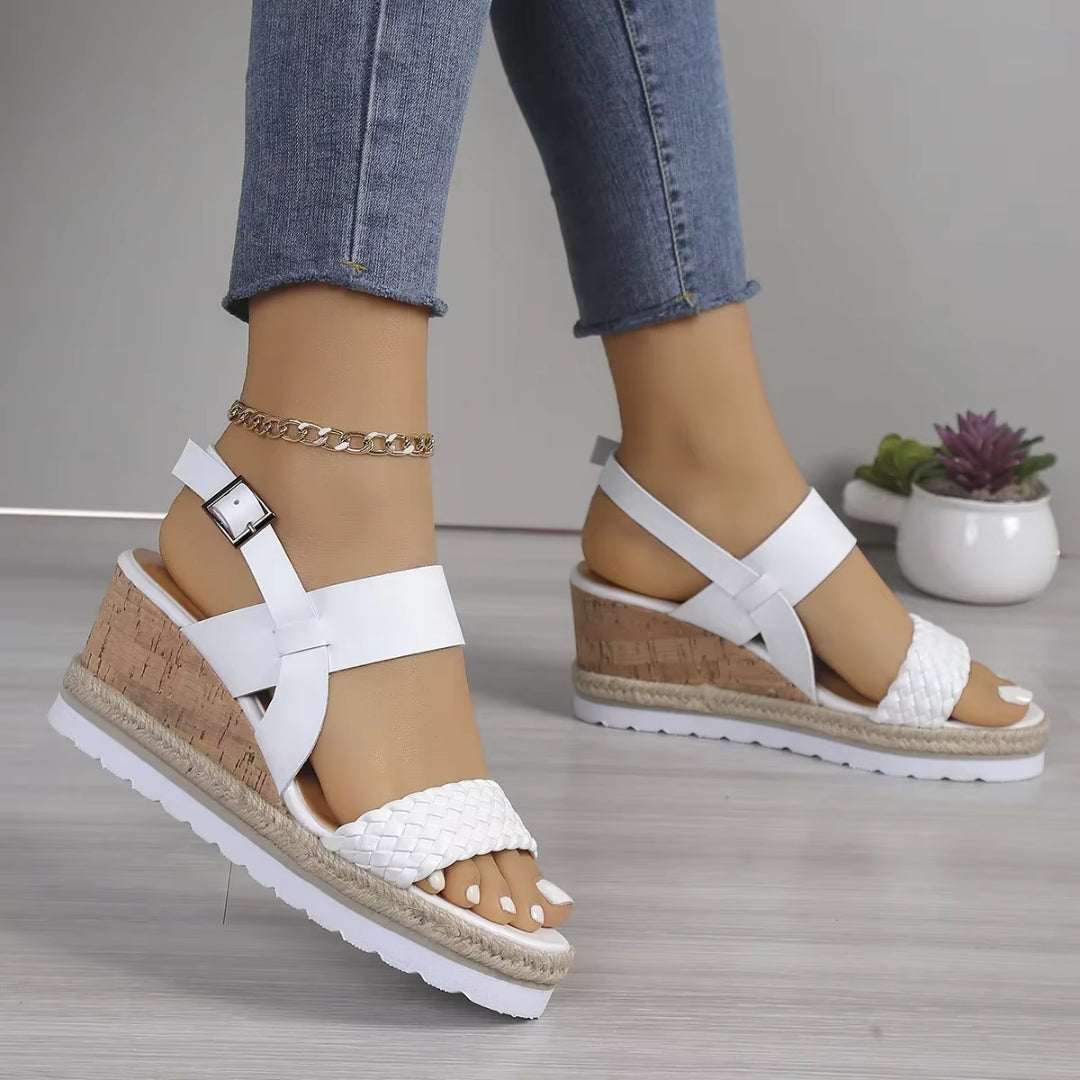 Women's Wedge Sandals ⎜ Open Summer Shoes with Ankle Strap and Braided Sole in Comfort Width