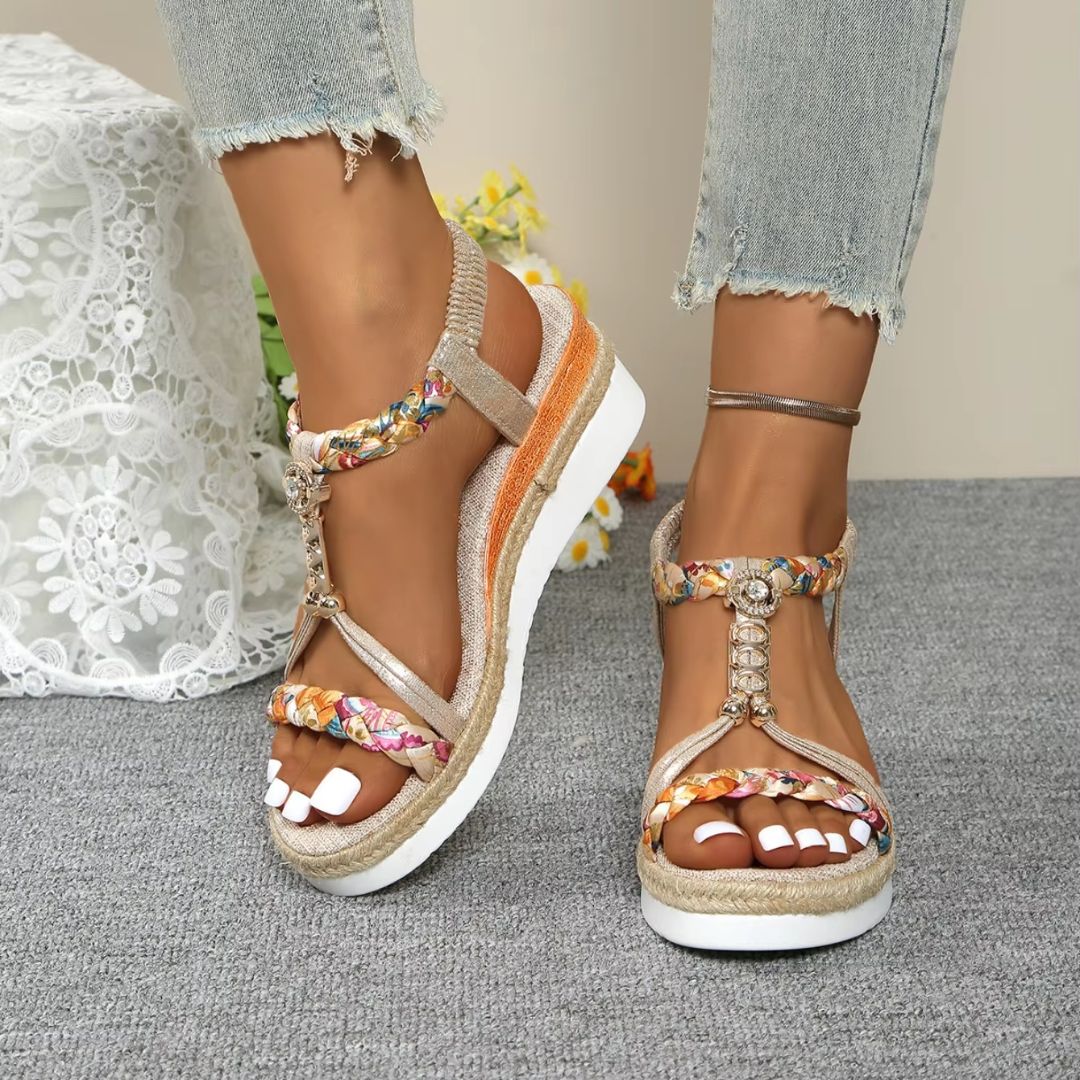 Women's Wedges with Braided Strap ⎜ Comfortable Sandals with Pearl Details and Fashionable Sole