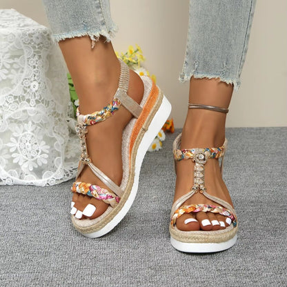 Women's Wedges with Braided Strap ⎜ Comfortable Sandals with Pearl Details and Fashionable Sole