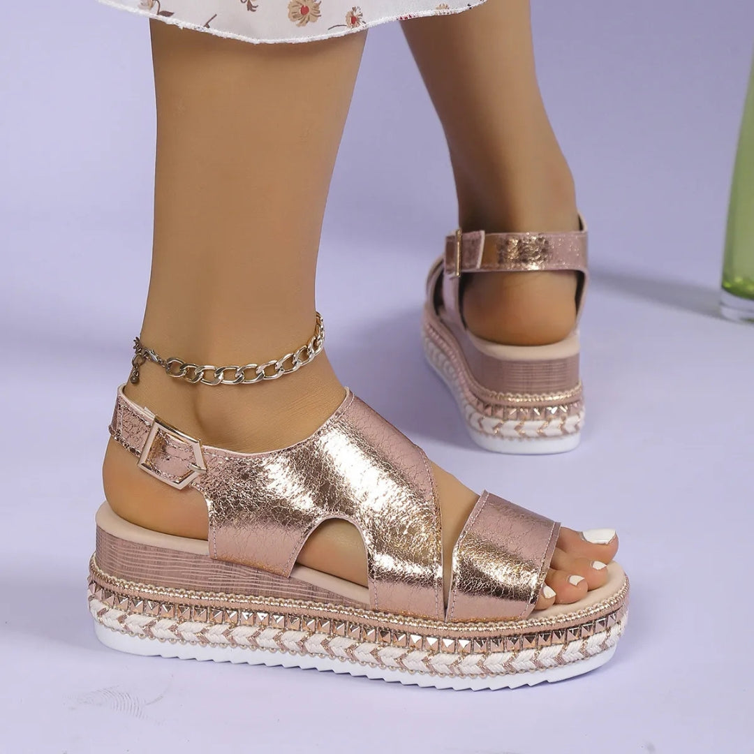 Women's Wedge Sandals ⎜ Comfortable Summer Shoes with an Elasticated Strap and Non - Slip Sole in a Metallic Look