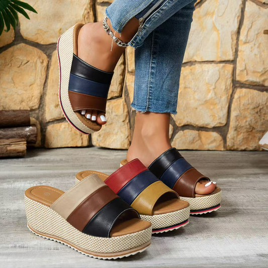Women's Wedge Sandals with Block Heel ⎜ Comfortable Platform Loafers with Colour Block Design and Straps