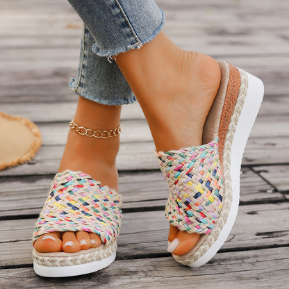 Women's Colourful Wedge Slip - on Design ⎜ Comfortable Non - Slip Sandals with a Hemp Rope Look and Thick Heel