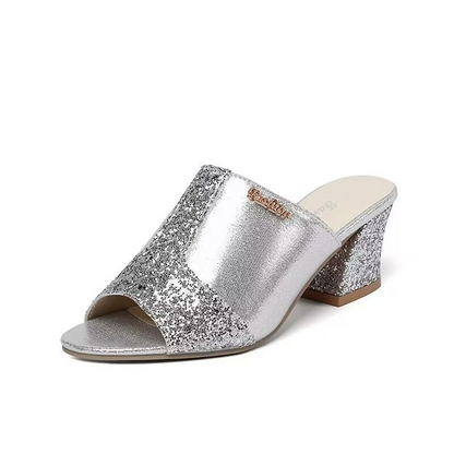Women's Mules with Block Heel ⎜ Fashionable Sandals with Glitter Details and Open Toe Area