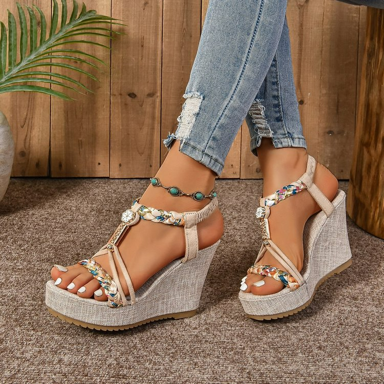 Women's Wedge Sandals ⎜ Comfortable Shoes with a Rattan Look and Sparkling Rhinestones