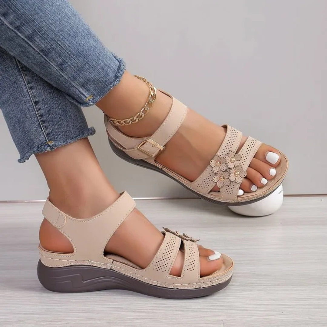Women's Wedge Sandals ⎜ Comfortable Summer Shoes with Floral Appliqué and Non - Slip Sole for Everyday Wear