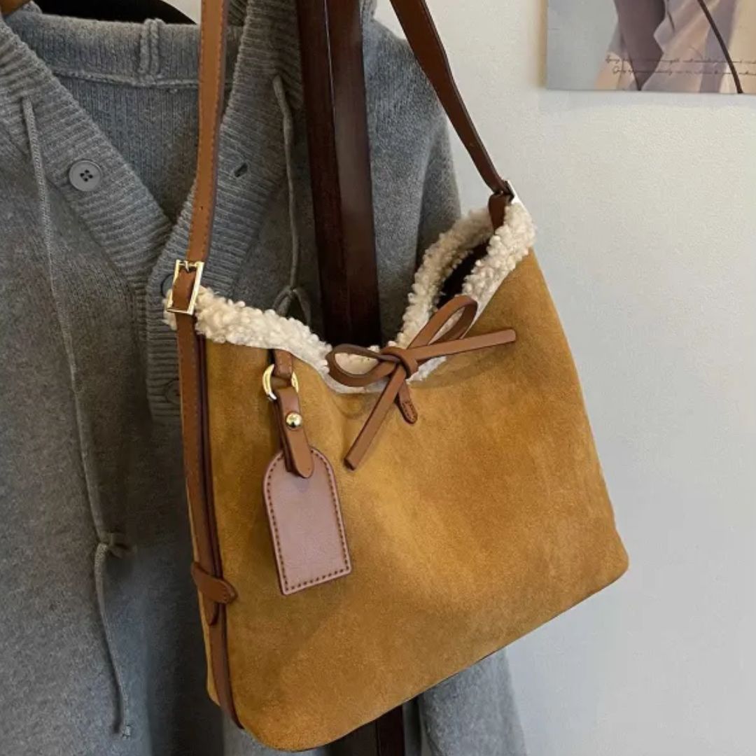 Retro Shoulder Bag for Women ⎜ Large Suede Bag with Soft Lining and Decorative Bow Fastening