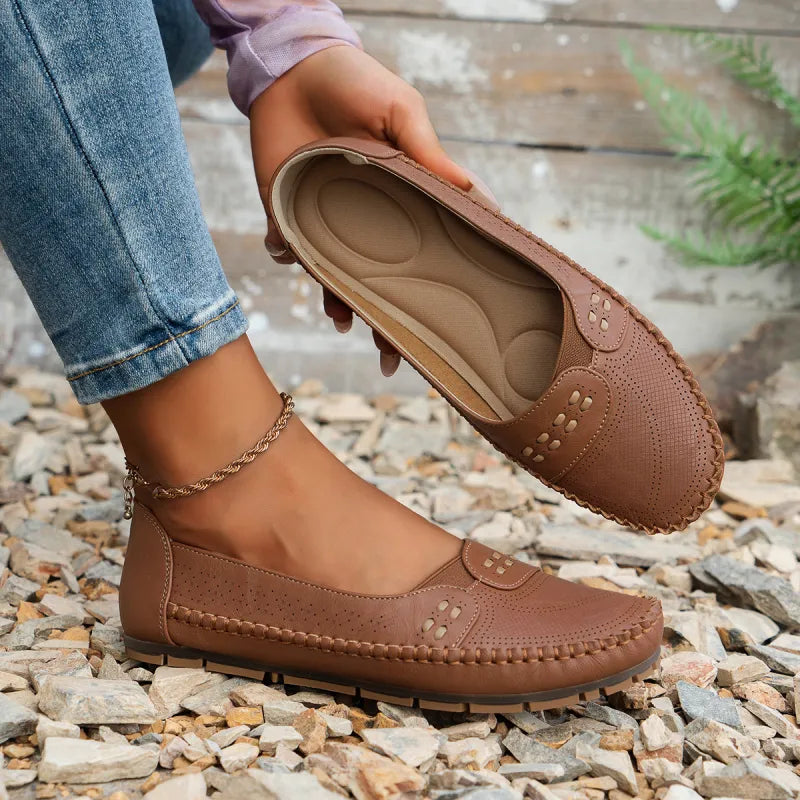 Loafers for Women ⎜ Comfortable Flat Shoes with Perforated Design and Decorative Stitching