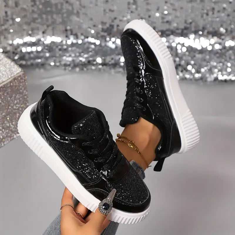 Women's Trainers ⎜ Shiny Lace - Up Shoes with a Glitter Effect and Thick Sole Tread for Everyday Wear