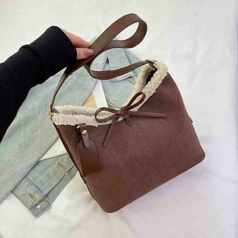 Retro Shoulder Bag for Women ⎜ Large Suede Bag with Soft Lining and Decorative Bow Fastening