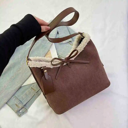 Retro Shoulder Bag for Women ⎜ Large Suede Bag with Soft Lining and Decorative Bow Fastening
