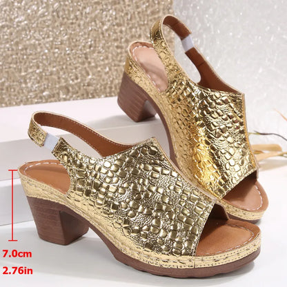 Block Heel Sandals for Women ⎜ Chic Peep - Toe Shoes with a Shiny Finish and Comfortable Wear