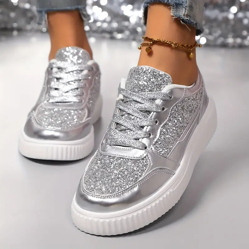 Women's Trainers ⎜ Shiny Lace - Up Shoes with a Glitter Effect and Thick Sole Tread for Everyday Wear