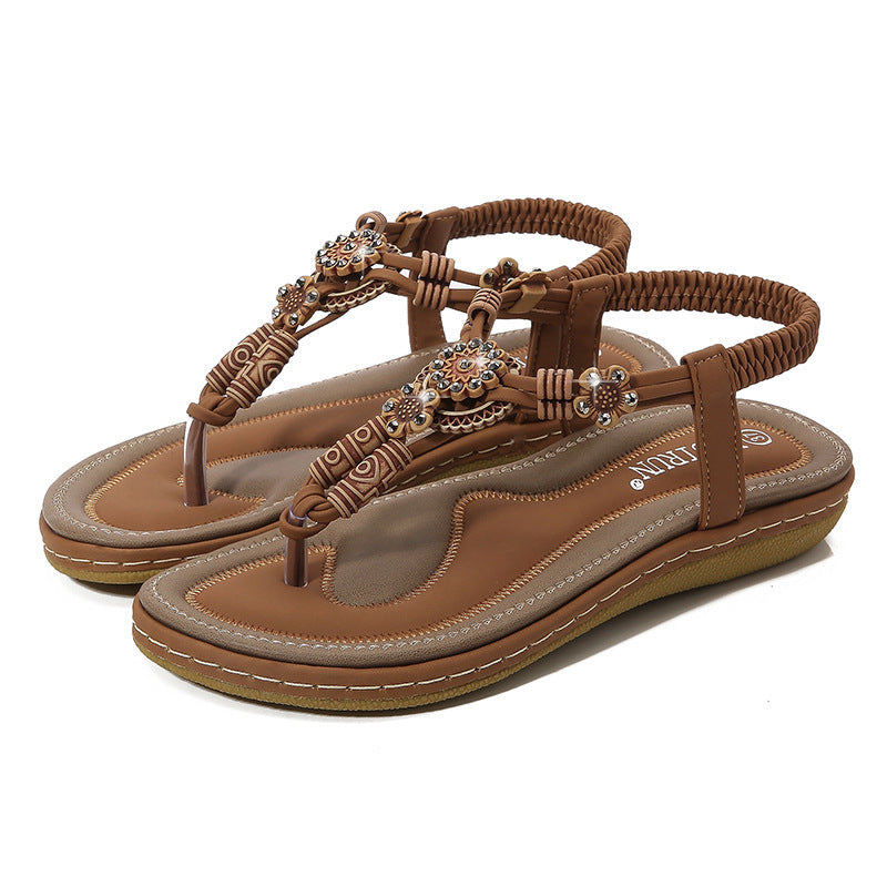 Women's Sandals with Wooden Beads ⎜ Comfortable Flat - Soled Shoes in a Casual Style with a Braided Design