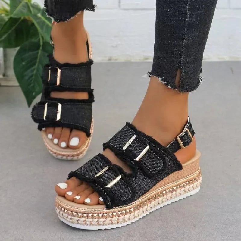 Women's Platform Sandals with Double Buckle ⎜ Stylish Summer Shoes with a Retro Look for the Beach and Leisure Time