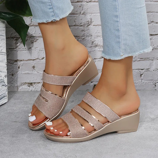 Women's Wedge Sandals with Glitter Straps ⎜ Elegant Summer Shoes with a Comfortable Heel and Non - Slip Sole