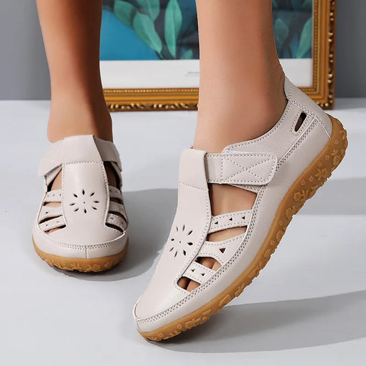 Women's Summer Shoes with a Perforated Pattern ⎜ Comfortable Flats with a Velcro Fastener and Non - Slip Sole for Everyday Wear