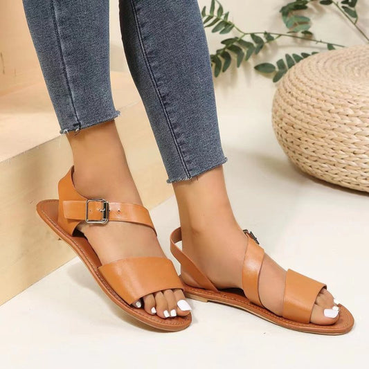 Women's Roman Sandals with Ankle Strap ⎜ Flat Summer Shoes with Buckle and Comfort for Plus Sizes