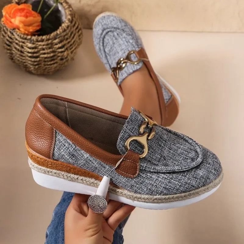 Wedge Loafers for Women ⎜ Comfortable Slip - on Shoes with Horse Chain Appliqué for Comfort and Style