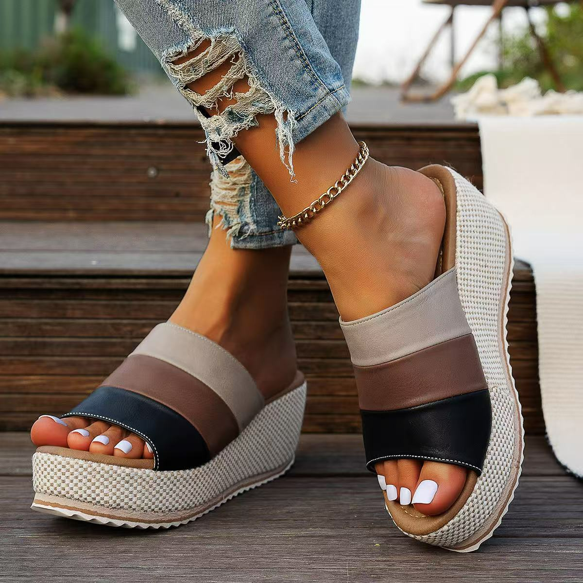 Women's Wedge Sandals with Block Heel ⎜ Comfortable Platform Loafers with Colour Block Design and Straps