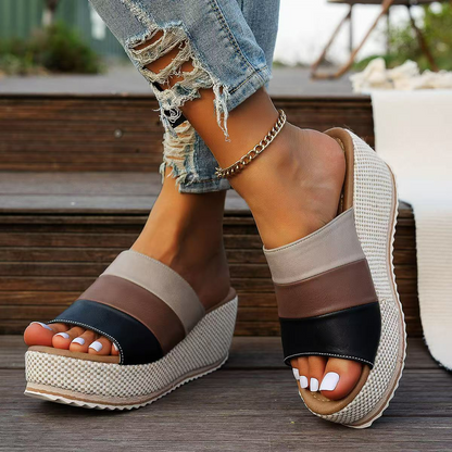 Women's Wedge Sandals with Block Heel ⎜ Comfortable Platform Loafers with Colour Block Design and Straps
