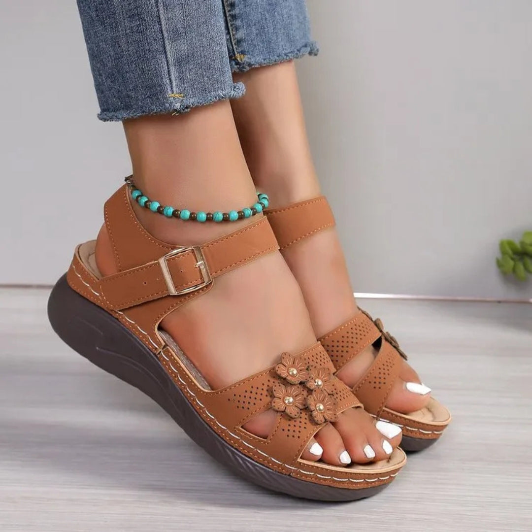 Women's Wedge Sandals ⎜ Comfortable Summer Shoes with Floral Appliqué and Non - Slip Sole for Everyday Wear