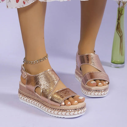 Women's Wedge Sandals ⎜ Comfortable Summer Shoes with an Elasticated Strap and Non - Slip Sole in a Metallic Look
