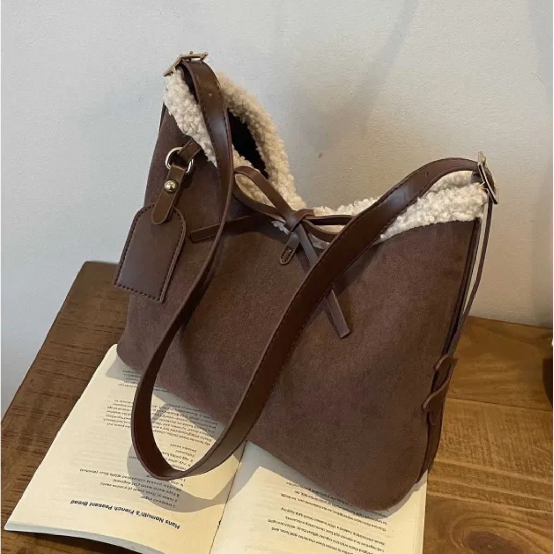 Retro Shoulder Bag for Women ⎜ Large Suede Bag with Soft Lining and Decorative Bow Fastening