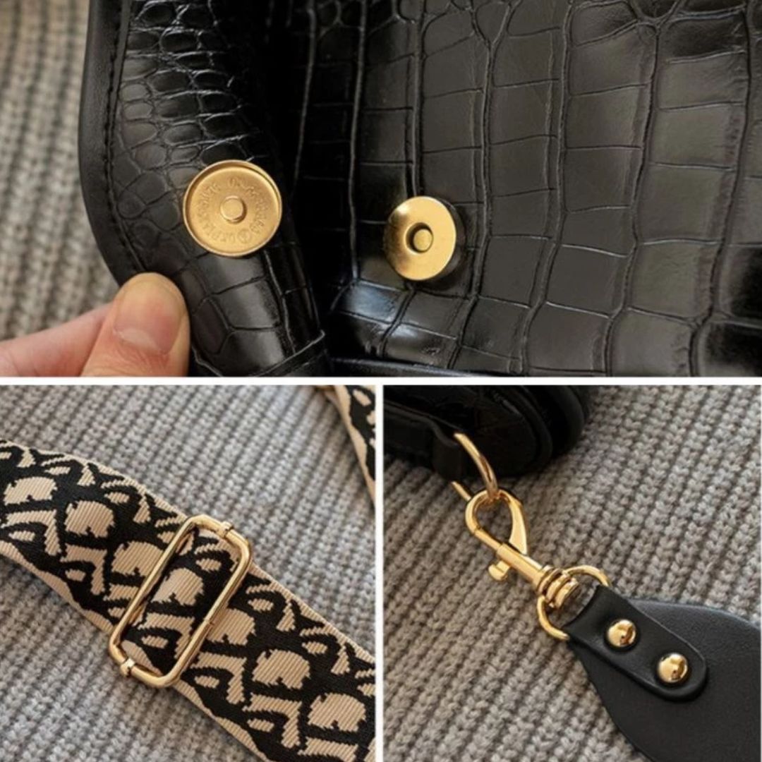 Women's Shoulder Bag ⎜ Crocodile Design with Adjustable Strap and Gold Embellishment