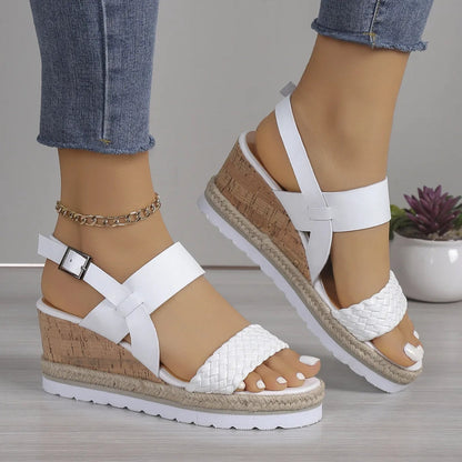 Women's Wedge Sandals ⎜ Open Summer Shoes with Ankle Strap and Braided Sole in Comfort Width