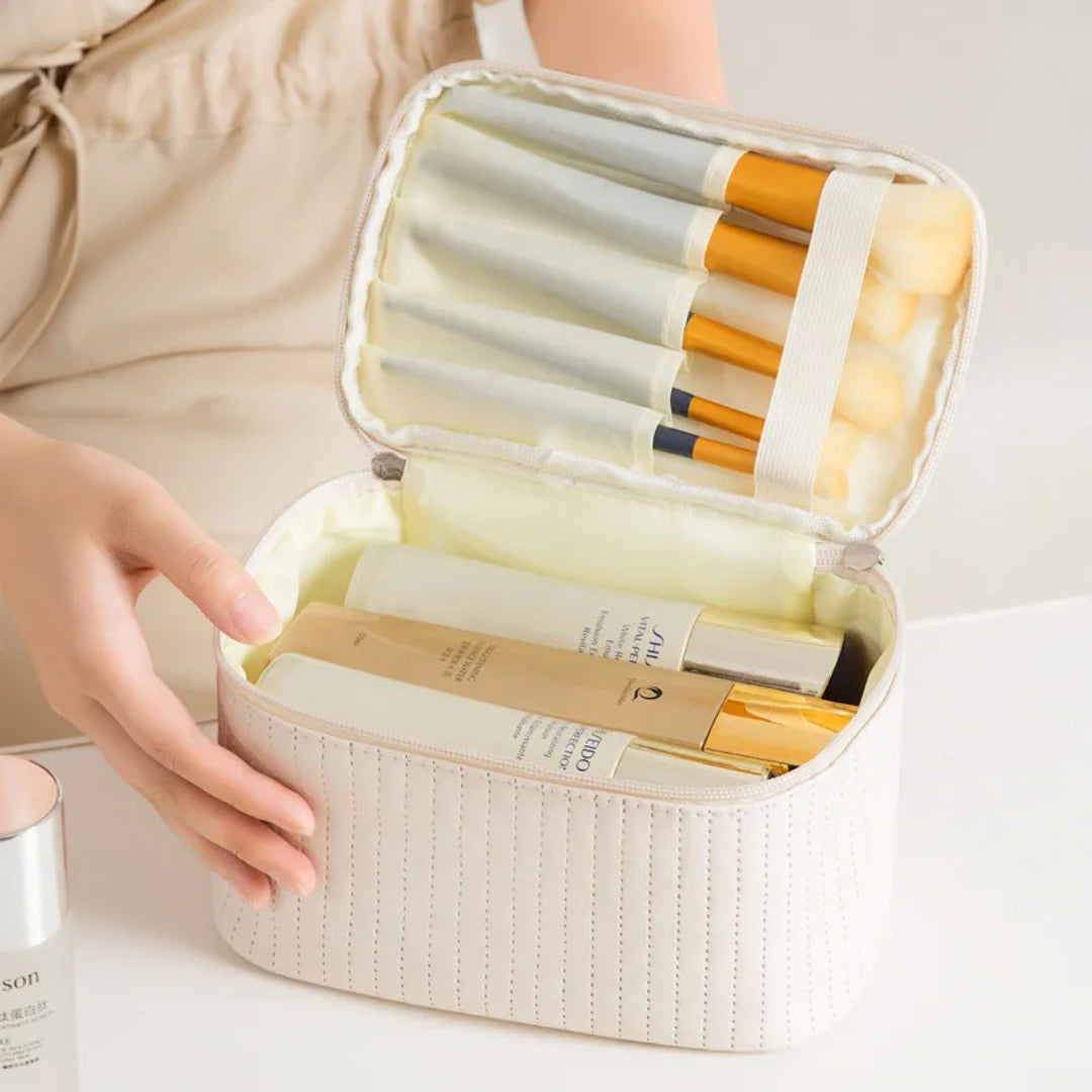 Cosmetics Bag for Women ⎜ Portable Travel Bag with Carrying Handle and Textured Surface for Make - Up