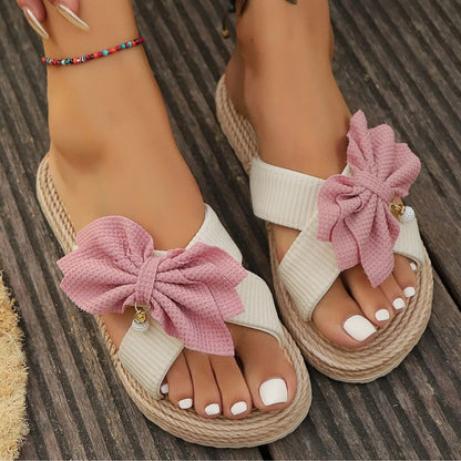 Women's Summer Mules ⎜ Comfortable Flat Slippers with Bow and Non - Slip Raffia Sole