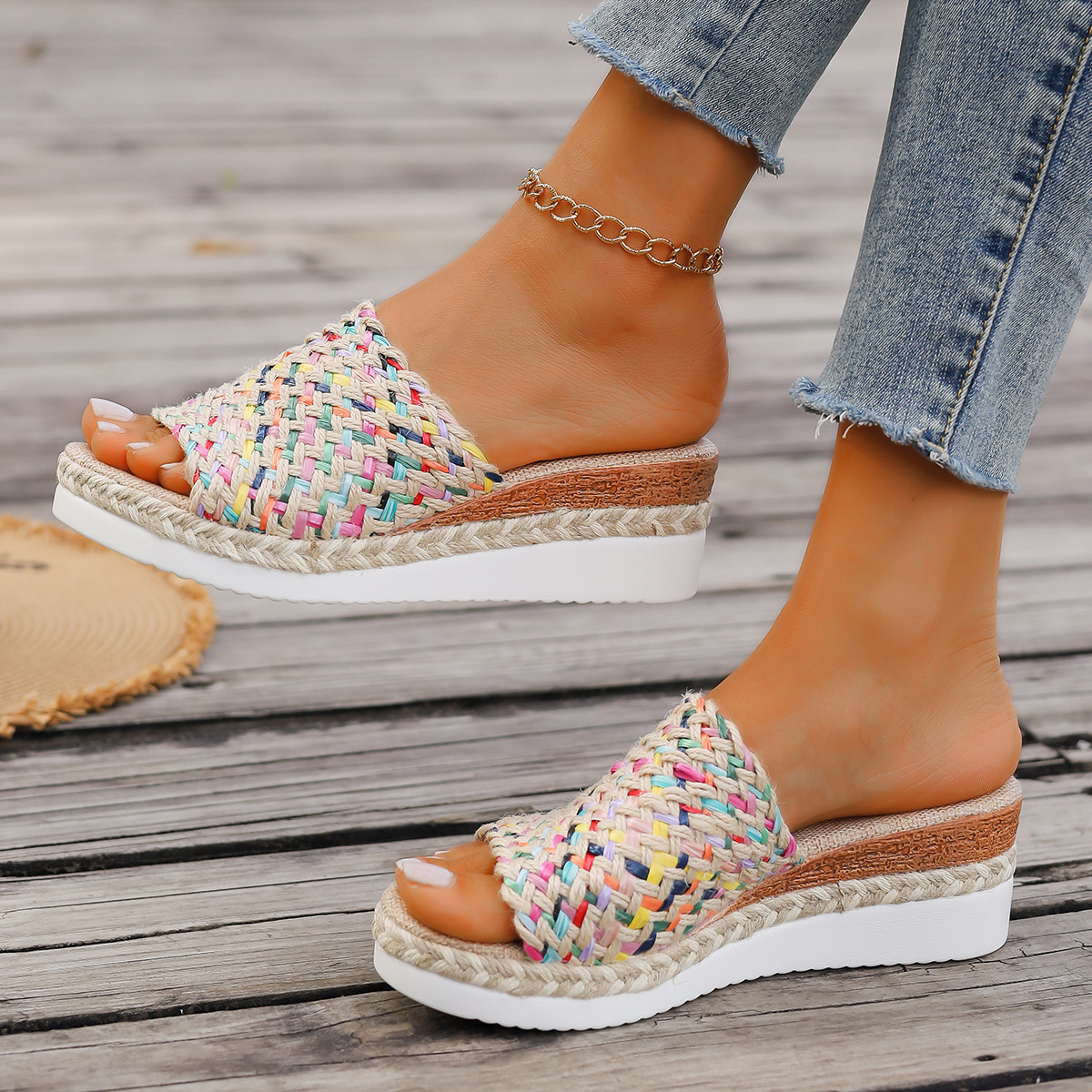 Women's Colourful Wedge Slip - on Design ⎜ Comfortable Non - Slip Sandals with a Hemp Rope Look and Thick Heel