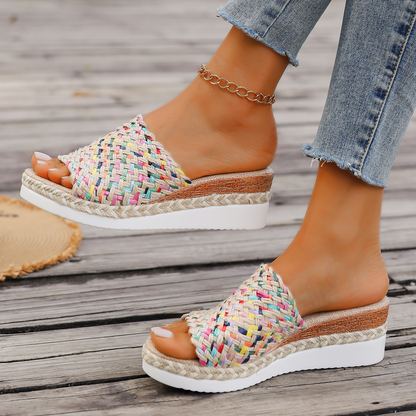 Women's Colourful Wedge Slip - on Design ⎜ Comfortable Non - Slip Sandals with a Hemp Rope Look and Thick Heel