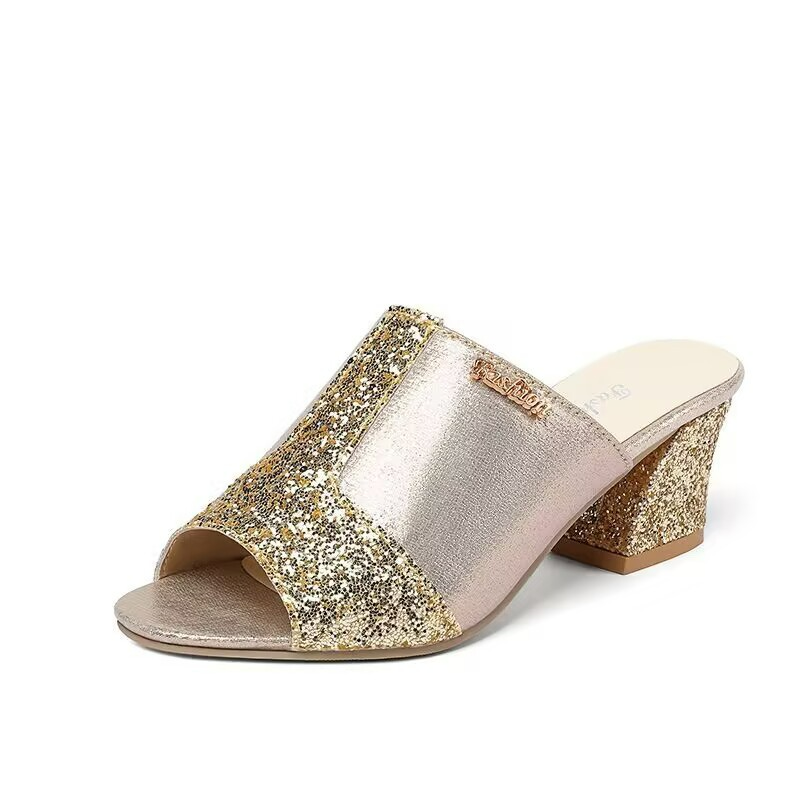 Women's Mules with Block Heel ⎜ Fashionable Sandals with Glitter Details and Open Toe Area