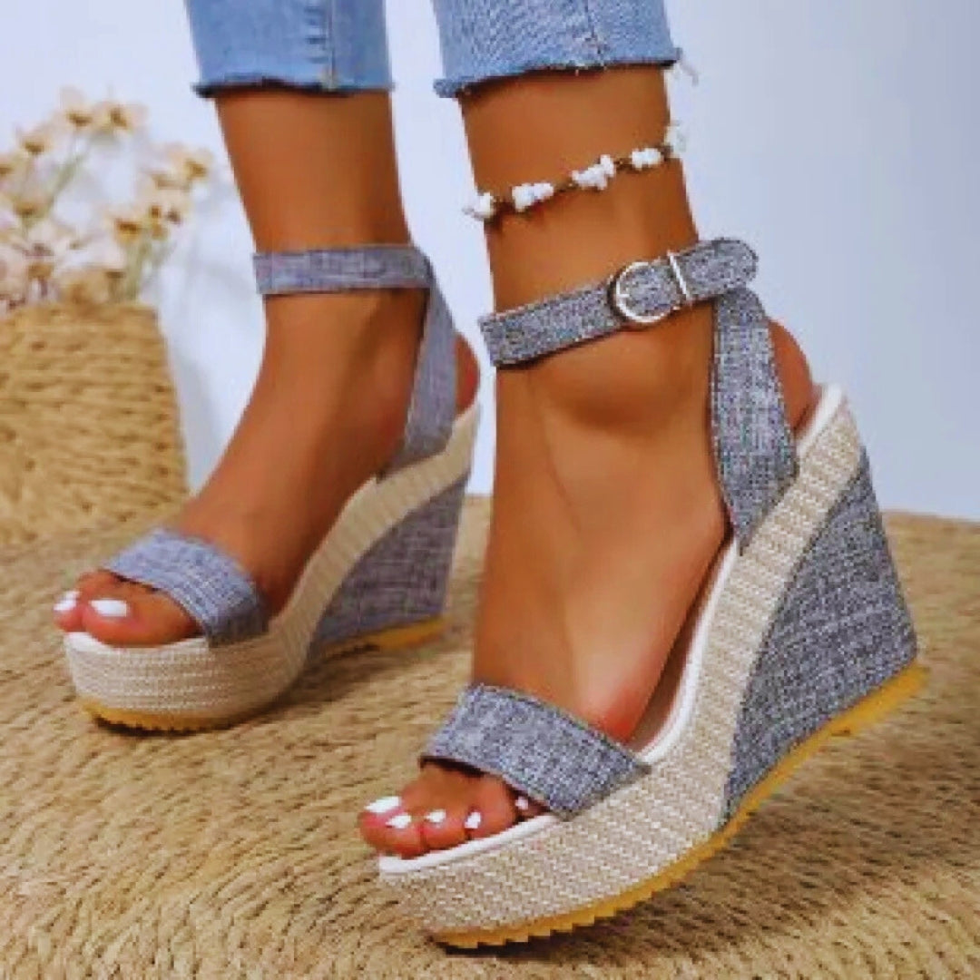 Women's Wedge Sandals ⎜ High Summer Shoes Made From Denim with Ankle Strap and Non - Slip Sole